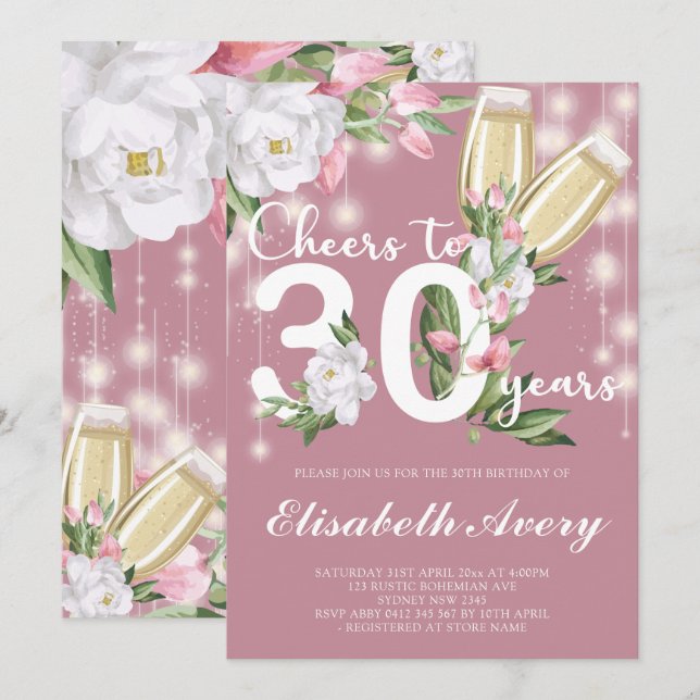 Luxury Pink Champagne Floral 30th Birthday Party Invitation (Front/Back)