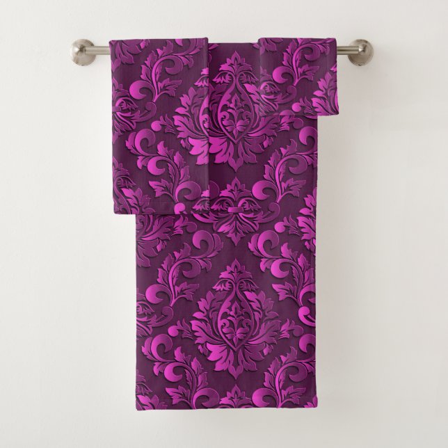 Luxury Pink Damask Floral Bath Towel Set (Insitu)