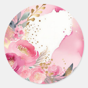 Luxury Pink Floral Gold Classic Round Sticker