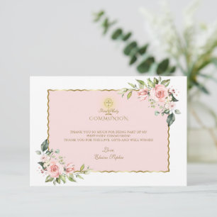 Luxury Pink Flowers Gold First Holy Communion Thank You Card