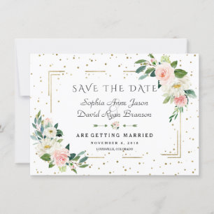 Luxury Pink Flowers Gold Frame Confetti Wedding Save The Date