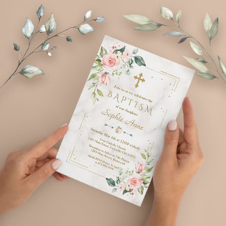 Luxury Pink Flowers Gold Glitter Marble Baptism Invitation