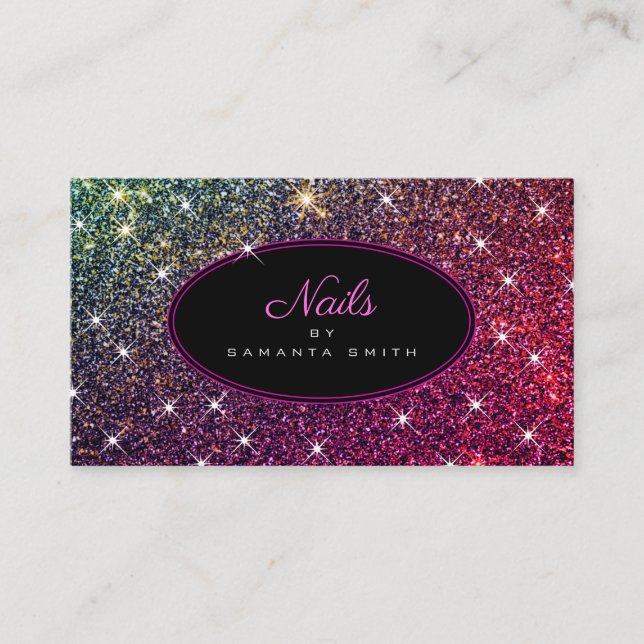 Luxury Pink Glitter Trendy Luminous Stars Nails Business Card (Front)