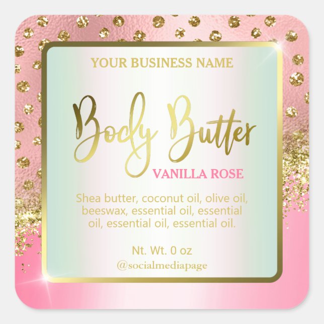 Luxury Pink Gold Confetti Dots Body Butter Labels (Front)