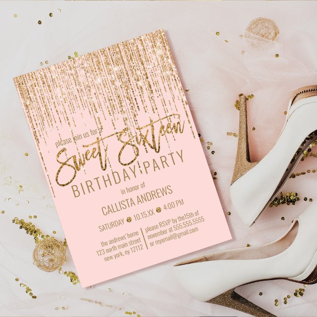 Luxury Pink Gold Glitter Fringe Curtain Sweet 16 Invitation (Creator Uploaded)