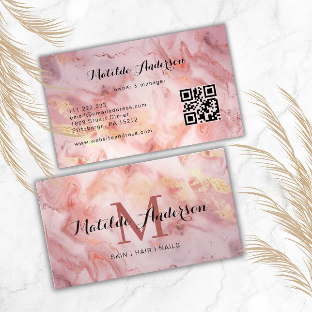 Luxury Pink Gold Marble Agate Monogram QR Code  Business Card (Creator Uploaded)