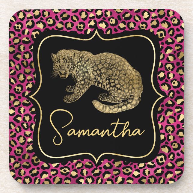 Luxury Pink Leopard Print Gold Animal Monogram Coaster (Front)