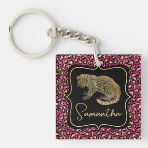 Luxury Pink Leopard Print Gold Animal Monogram Key Ring