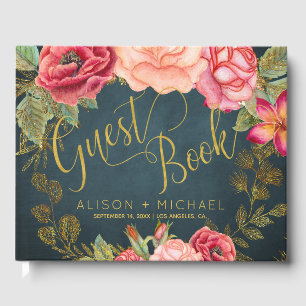 Luxury pink navy floral typography script wedding guest book