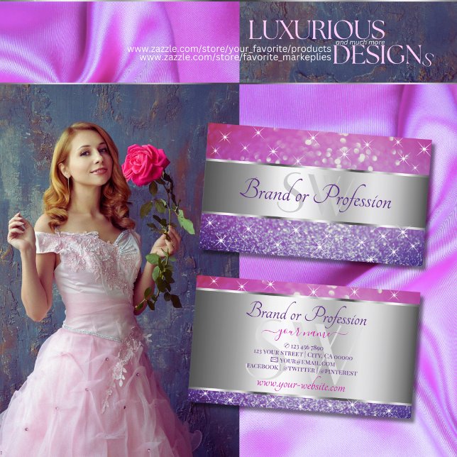 Luxury Pink Purple Glitter Stars Initials Silver Business Card (Creator Uploaded)