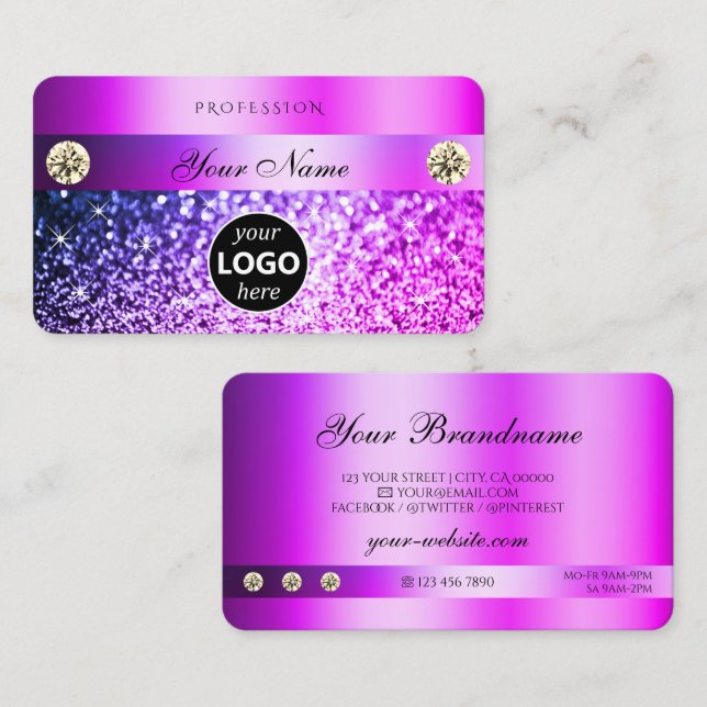 Luxury Pink Purple Glitter with Diamonds and Logo Business Card (Front/Back)
