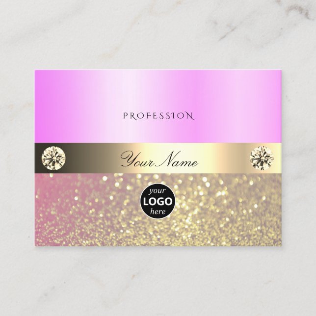 Luxury Pink Purple Gold Sparkling Glitter and Logo Business Card (Front)