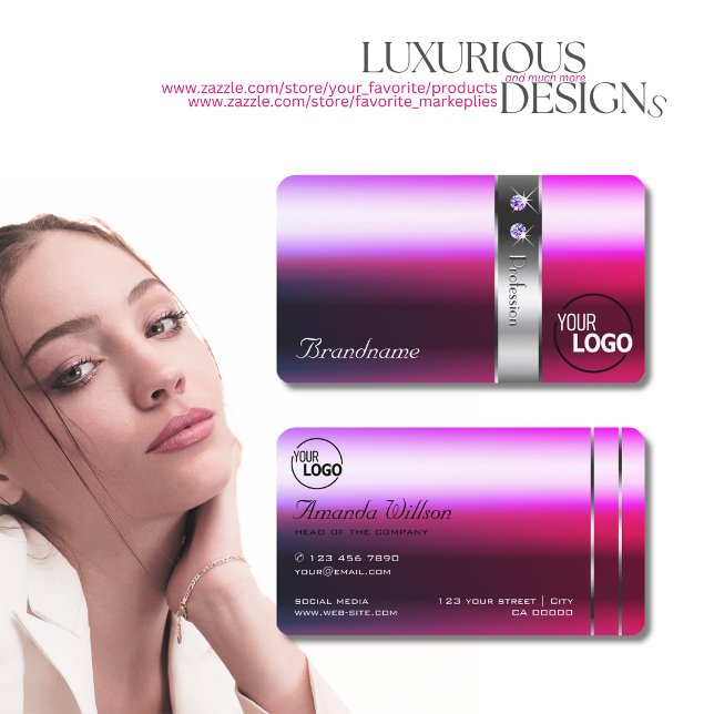 Luxury Pink Purple Gradient Silver Decor and Logo  Business Card (Creator Uploaded)