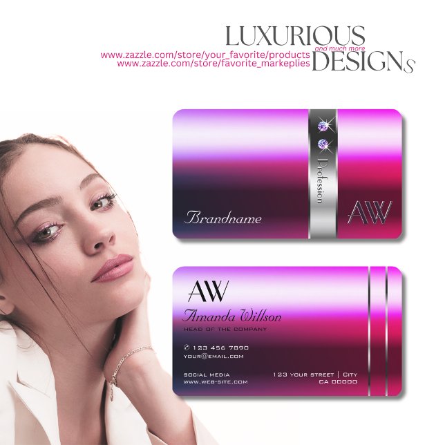 Luxury Pink Purple Gradient Silver Decor Initials Business Card (Creator Uploaded)