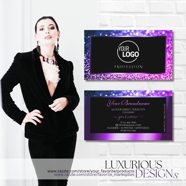 Luxury Pink Purple Ombre Sparkle Glitter Add Logo  Business Card (Creator Uploaded)