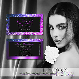 Luxury Pink Purple Ombre Sparkle Glitter Monogram Business Card