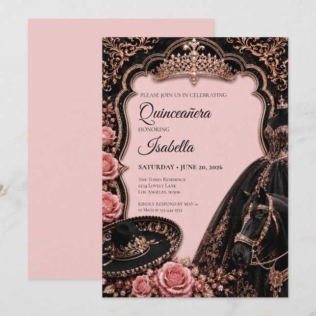 Luxury Pink Quinceañera Invitation (Front/Back)