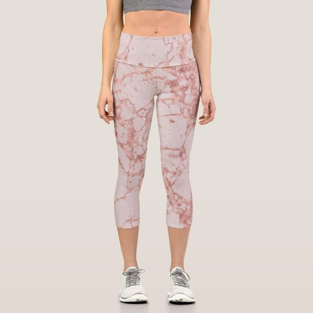 Luxury Pink Rose Blush Glitter Marble Capri Leggings (Front)
