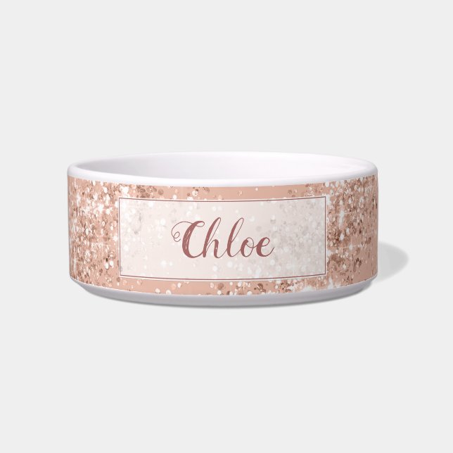 Luxury Pink Rose Gold Glitter Monogram Pet Bowl (Front)
