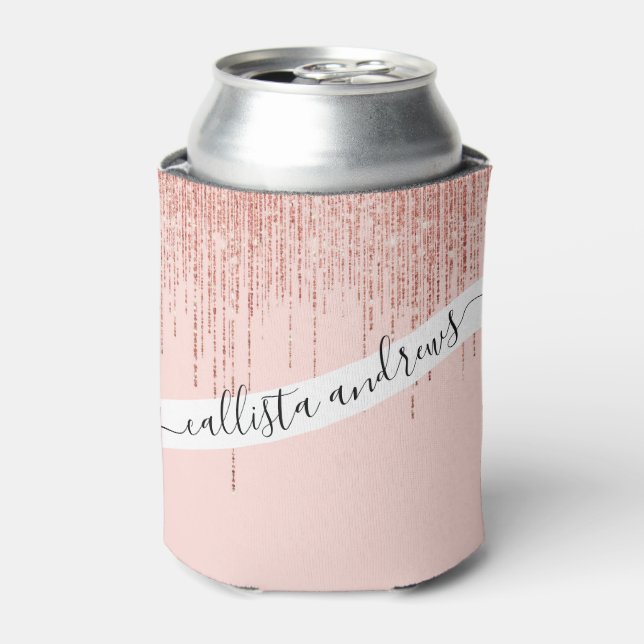Luxury Pink Rose Gold Sparkly Glitter Fringe Can Cooler (Can Front)