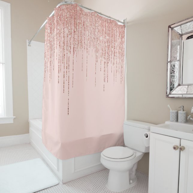 Luxury Pink Rose Gold Sparkly Glitter Fringe Shower Curtain (In Situ)
