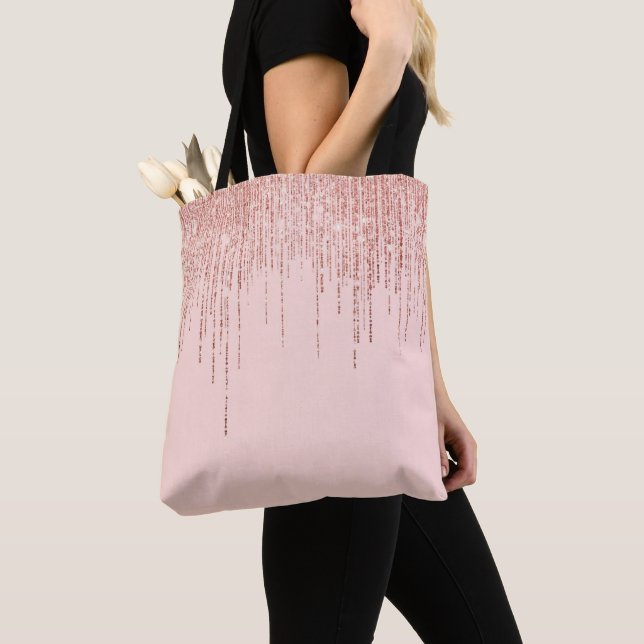 Luxury Pink Rose Gold Sparkly Glitter Fringe Tote Bag (Close Up)
