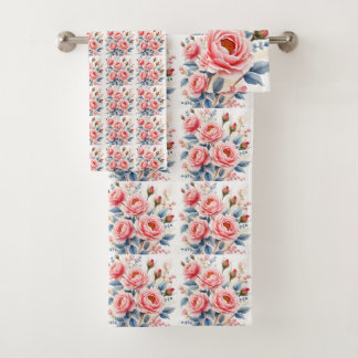 Luxury Pink Roses Beautiful Modern Collection Bath Towel Set
