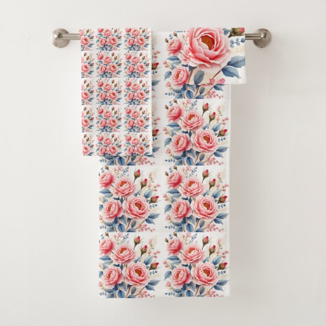 Luxury Pink Roses Beautiful Modern Collection Bath Towel Set (Insitu)