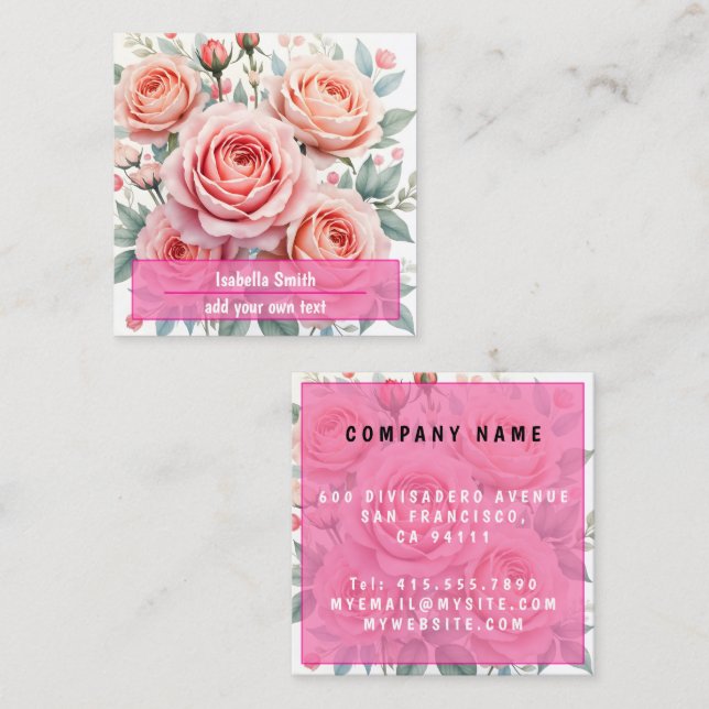 Luxury Pink Roses Beautiful Popular Collection Square Business Card (Front/Back)