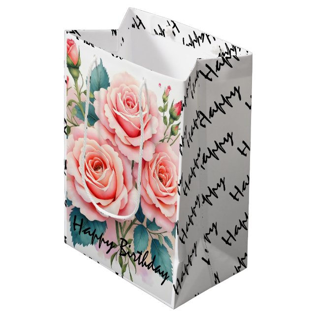 Luxury Pink Roses Beautiful Trendy Collection Medium Gift Bag (Front Angled)