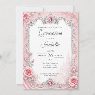 Luxury Pink Silver Princess Quinceañera Invitation