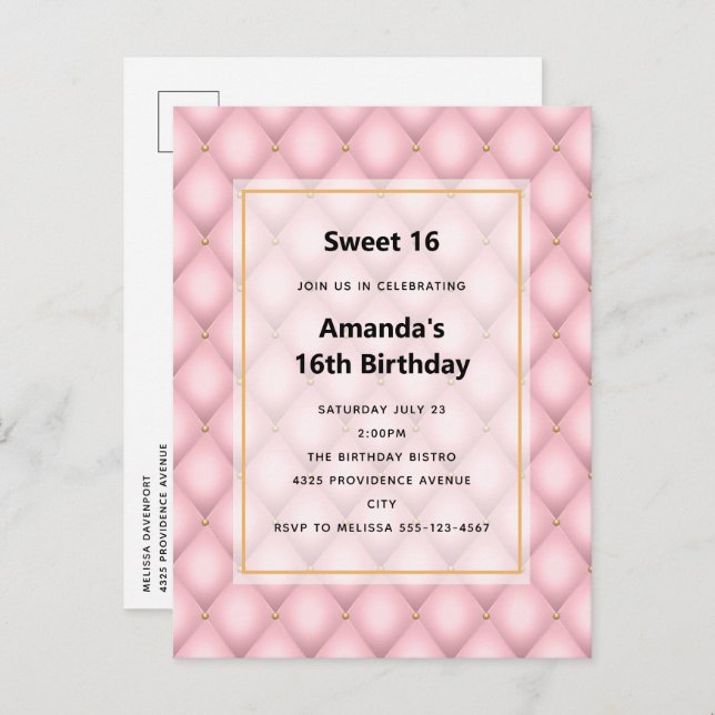 Luxury Pink Tufted Diamond Pattern Invitation Postcard (Front/Back)