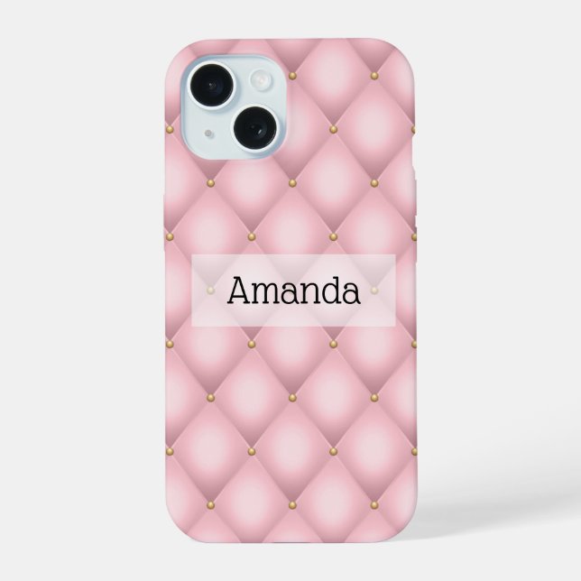 Luxury Pink Tufted Diamond Pattern iPhone 15 Case (Back)