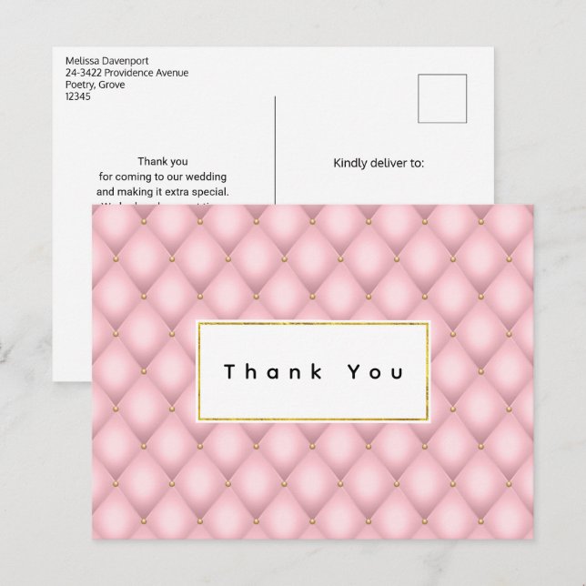 Luxury Pink Tufted Diamond Pattern Thank You Postcard (Front/Back)