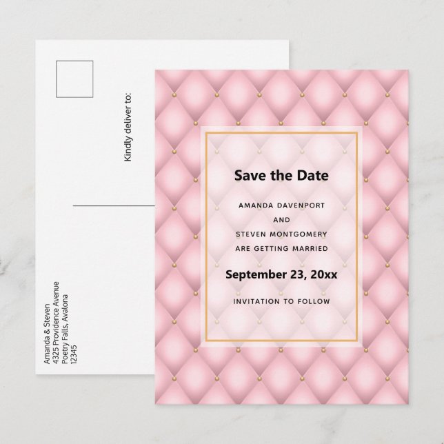 Luxury Pink Tufted Diamond Pattern Wedding Announcement Postcard (Front/Back)
