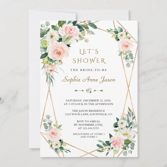 Luxury Pink White Flowers Gold Frame Bridal Shower Invitation (Front)