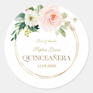 Luxury Pink White Flowers Gold Quinceañera Classic Round Sticker