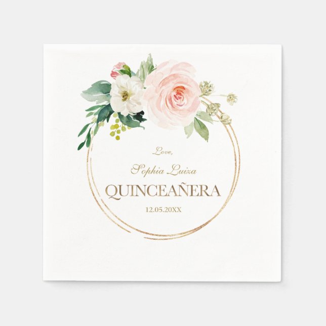 Luxury Pink White Flowers Gold Quinceañera Napkin (Front)