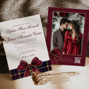 Luxury plaid Burgundy Bow Winter Photo Wedding Invitation