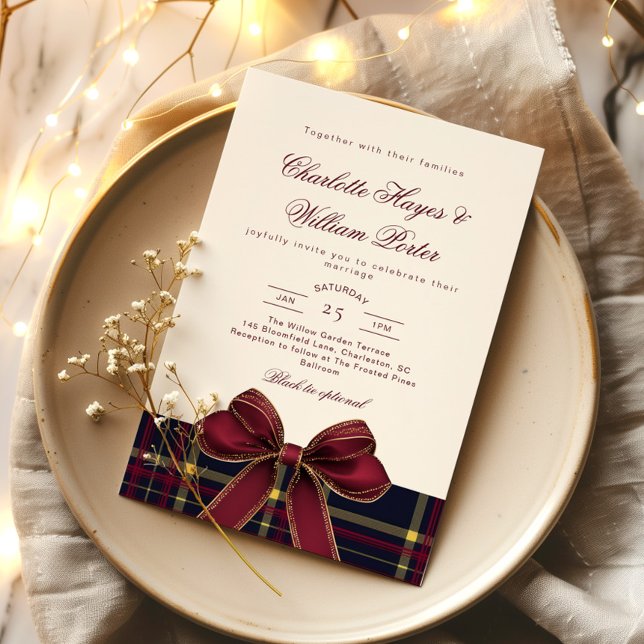 Luxury plaid Burgundy Bow Winter Weddding Invitation (Creator Uploaded)