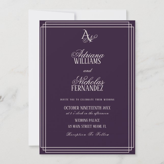 Luxury Plum Monogram Wedding Invitation (Front)