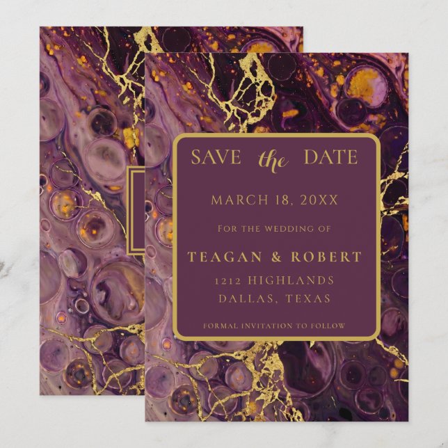 Luxury Plum Purple Marble Save The Date (Front/Back)