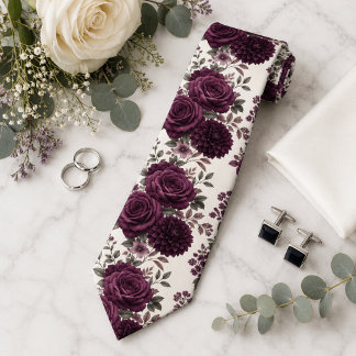 Luxury Plum Rose & Dahlia Floral Wedding Tie