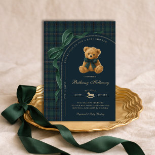 Luxury Polo Plaid Teddy Bear Boy Baby Shower Invitation
