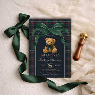 Luxury Polo Teddy Bear Green Bow Plaid Baby Shower Invitation