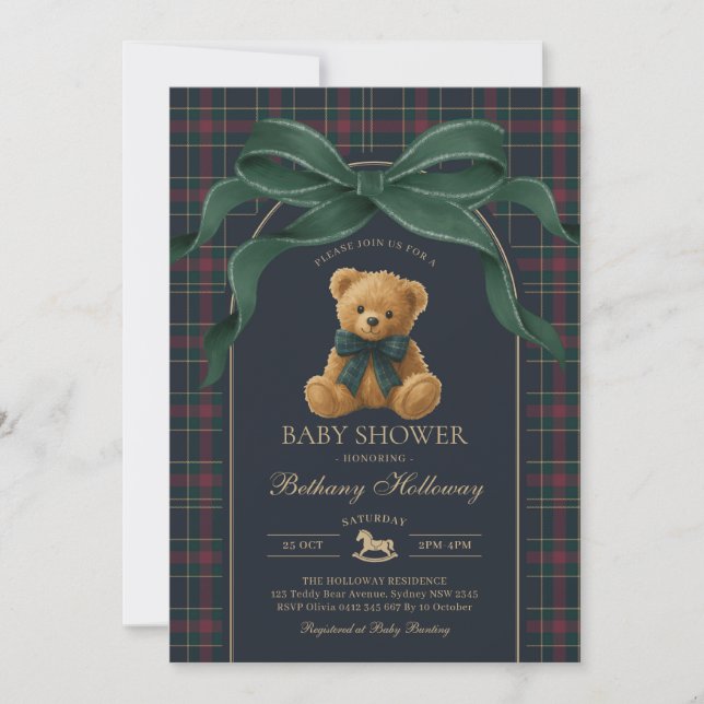 Luxury Polo Teddy Bear Green Bow Plaid Baby Shower Invitation (Front)