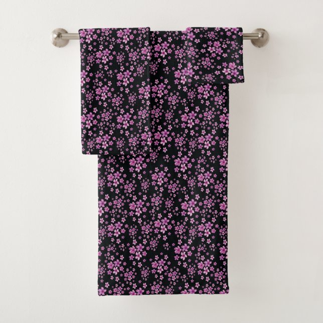 Luxury Popular Black Purple Floral Bath Towel Set (Insitu)