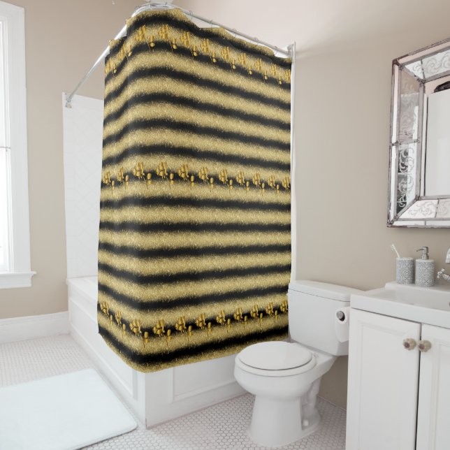 Luxury Popular Floral Black Gold Glitter Shower Curtain (In Situ)
