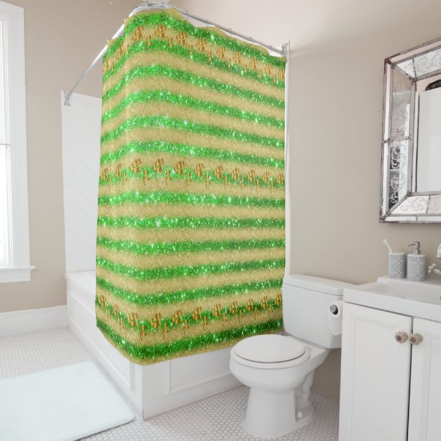 Luxury Popular Floral Green Gold Glitter Shower Curtain (In Situ)
