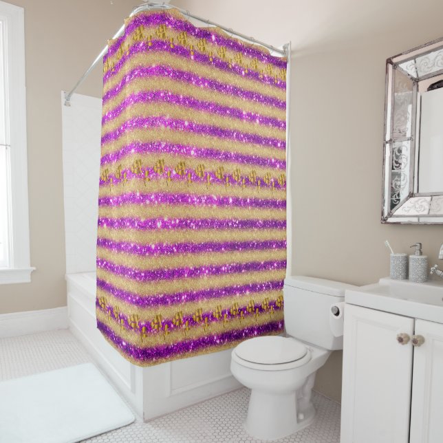 Luxury Popular Floral Purple Gold Glitter Shower Curtain (In Situ)